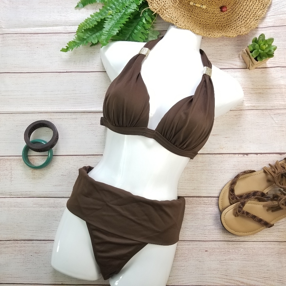 Brown M 2 Piece Swimsuit Padded Bikini Fold-Over